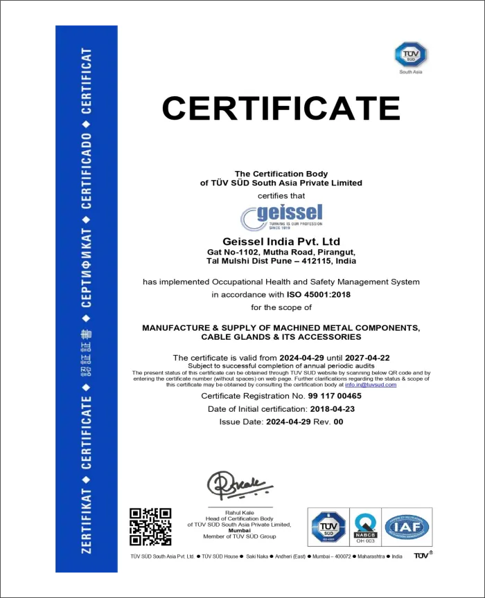 Geissel India ISO 45001:2018 certificate