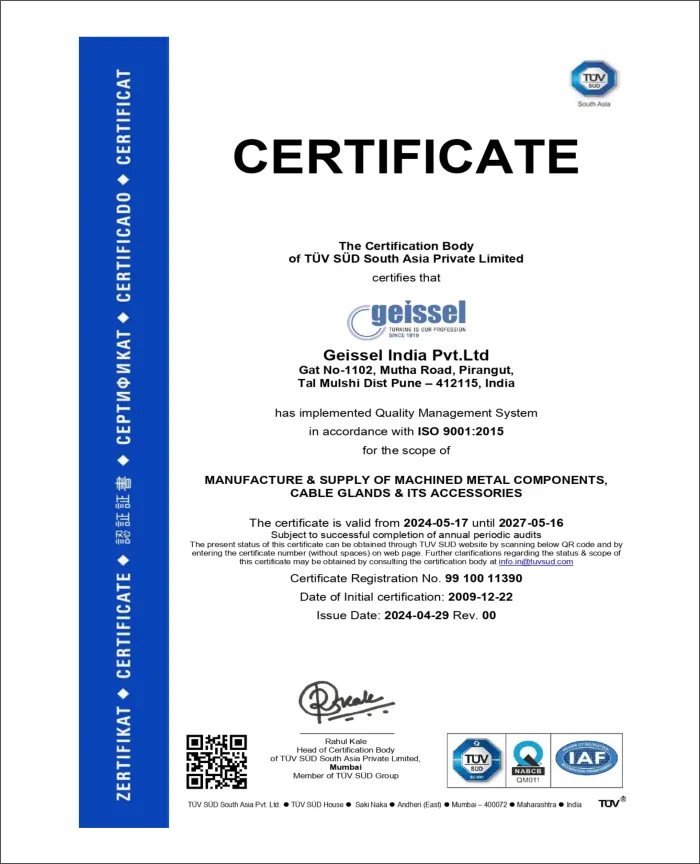 Geissel India ISO 9001:2015 certificate