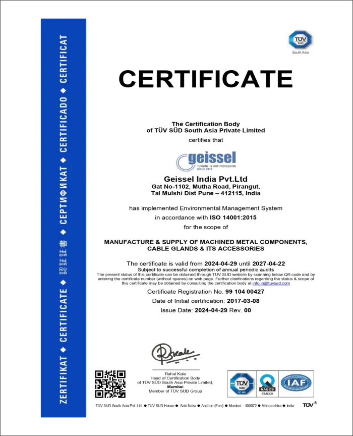 Geissel India ISO 14001:2015 certificate