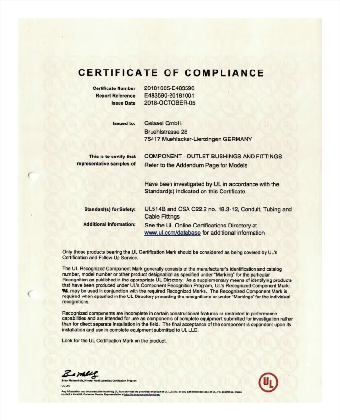 Geissel UL Certificate of Compliance