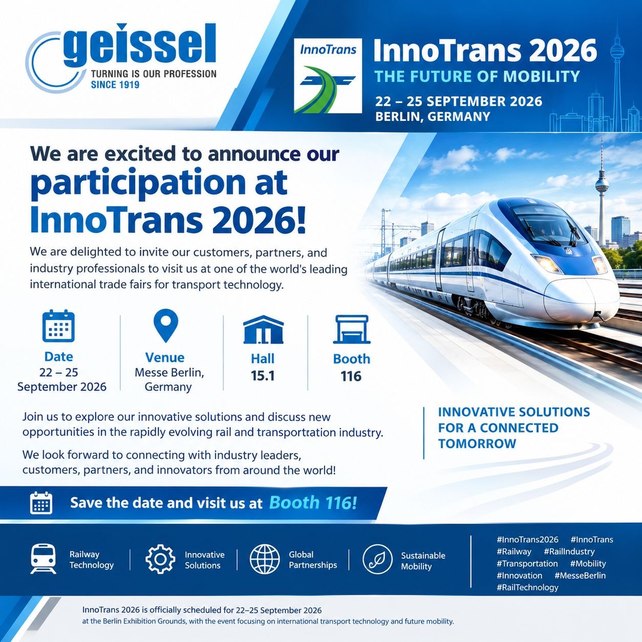 Geissel at InnoTrans 2026 in Berlin, 22–25 September, Booth 116